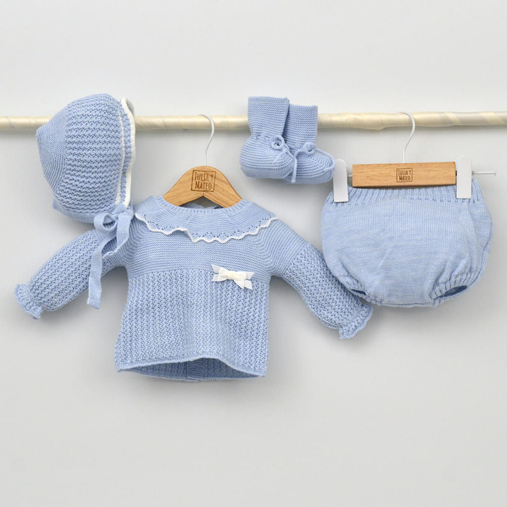 Conjunto bebés punto Duero con jersey, culotte, capota y patucos