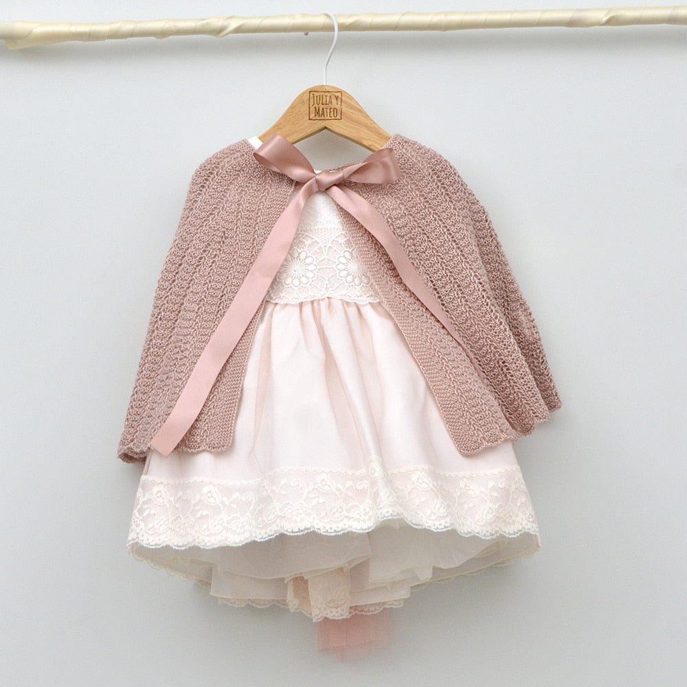 vestido ceremonia bautizo niña rosa con manga lazo fajin rosa españa elegante clasico