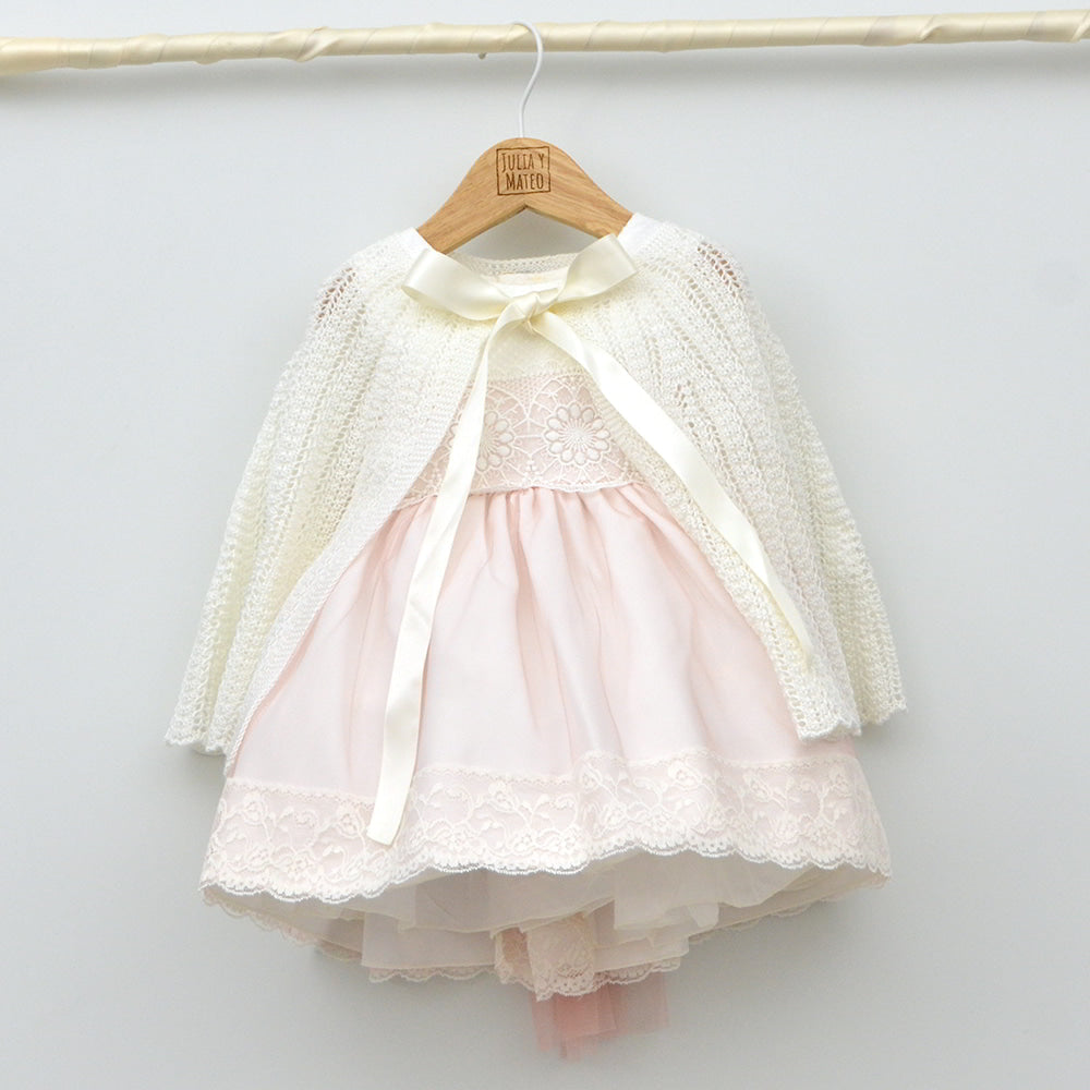 vestido ceremonia bautizo niña rosa con manga lazo fajin rosa españa elegante clasico