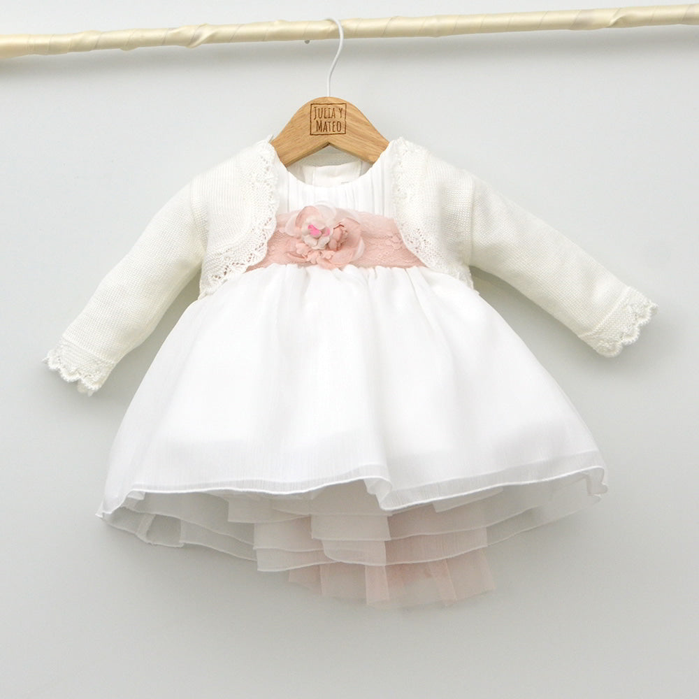 vestido Bautizo niña ceremonia lazo rosa Amaya flor fajin tienda Online ropa eventos bautizos niña hecha en españa