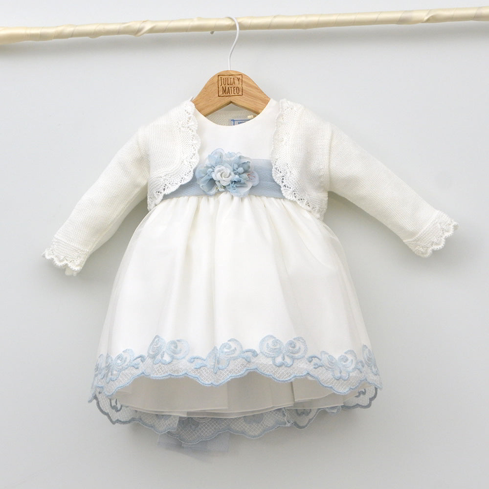 vestido bordado ceremonia bautizo arras niñas fajin flores azul tienda online trajes eventos bodas niñas pajes bebes Amaya Mayoral