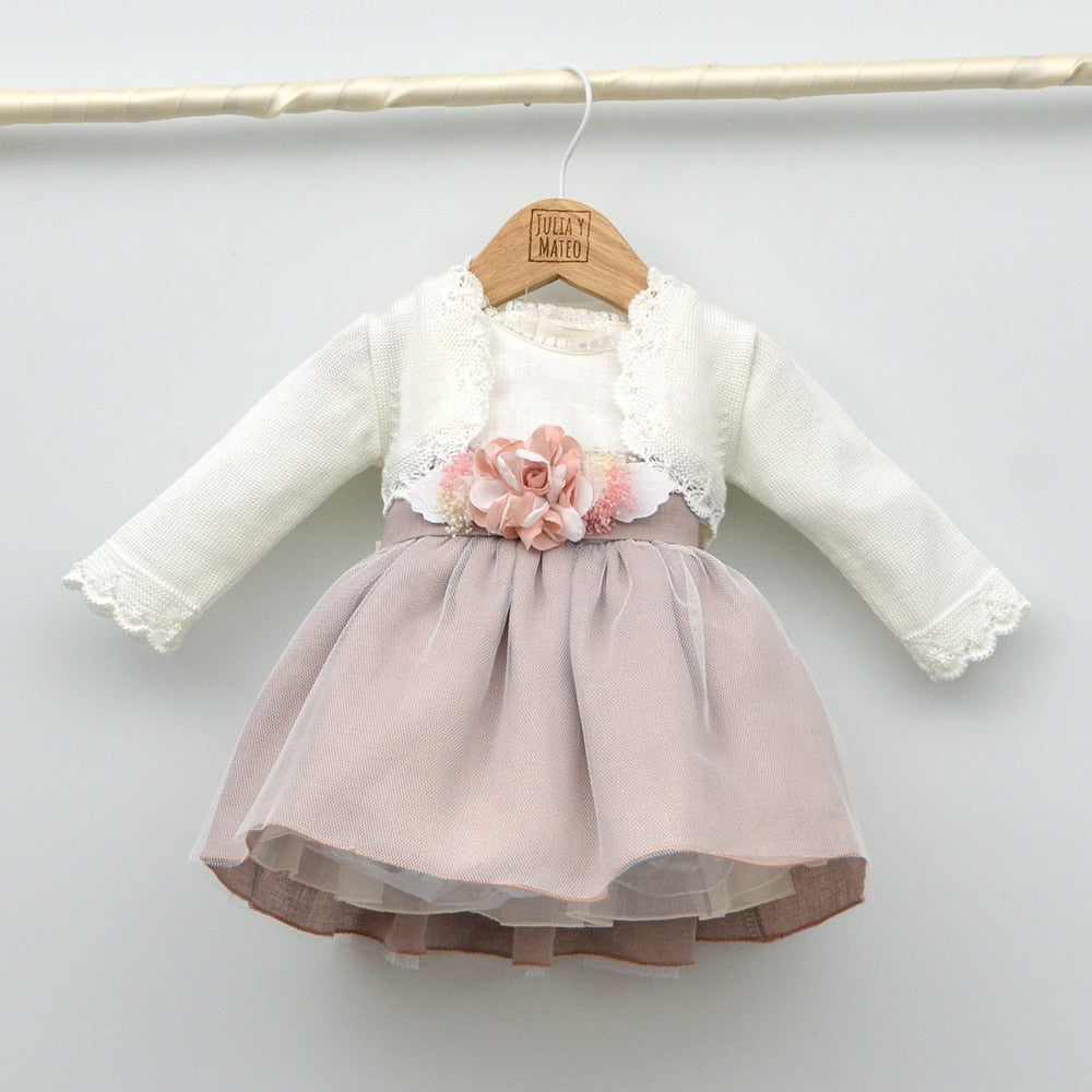 Vestido niña tul y lino Isabel con adorno floral