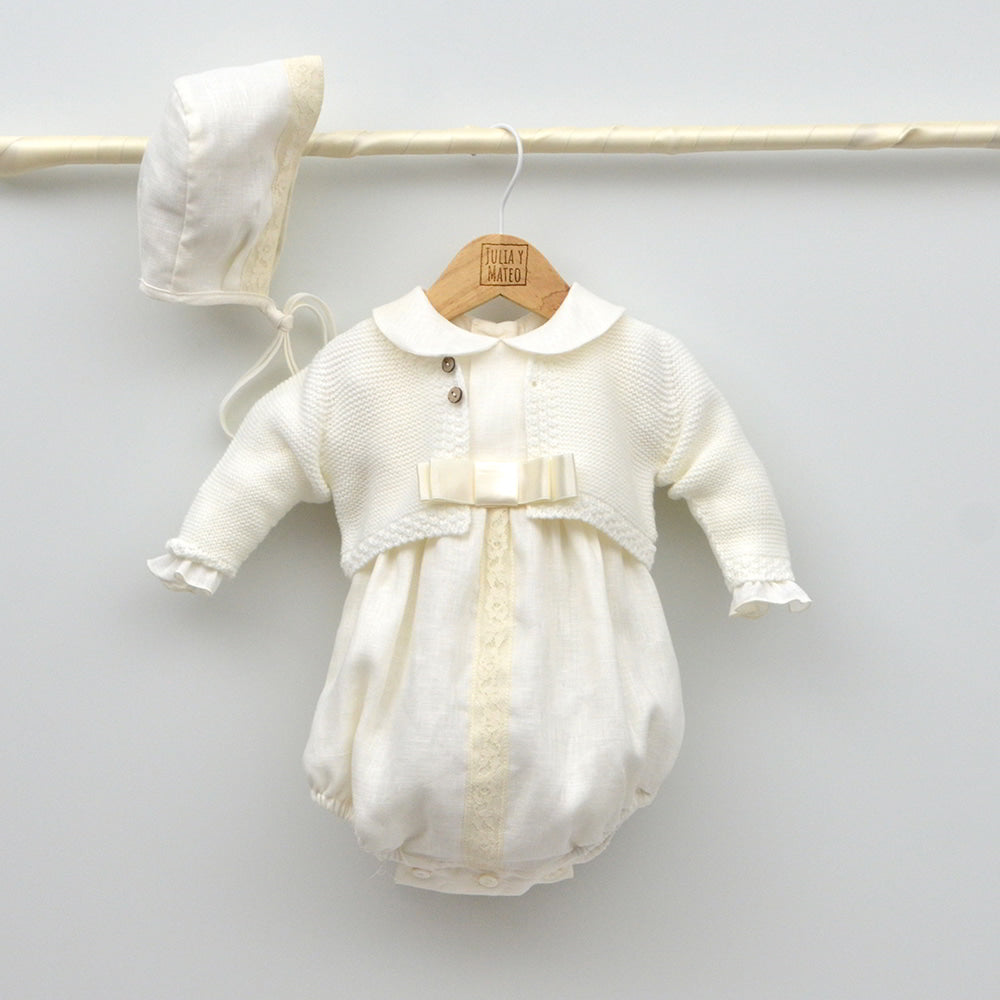 traje conjunto peleles bautizo niños invierno manga larga crudo blanco lino elegante clasico hecho en españa a mano artesano