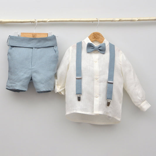 conjunto ceremonia niños pajarita pantalon fajin tirantes lino azul para 1,2,3,4,5,6,7,8 años hermanos conjuntados arras