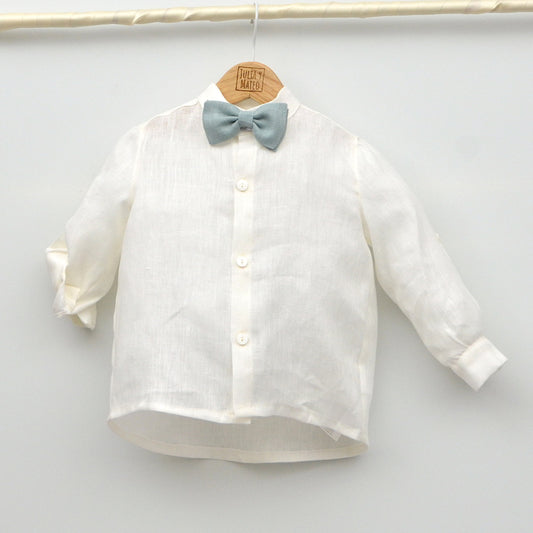 Conjunto Bautizo ceremonia arras niño con pajarita y pantalon con fajin en verde empolvado Amaya lino hecho en españa Comprar Online ropa infantil bodas