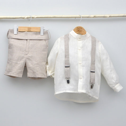 conjunto Bautizo niños ceremonia, arras, lino color arena pantalon , fajin, tirantes, hermanos a juego en las bodas