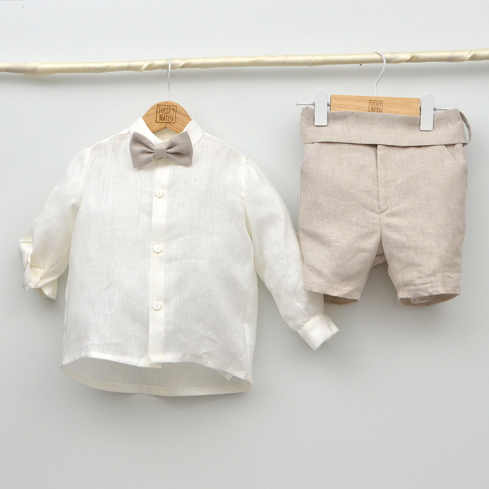 Conjunto lino Leo con camisa cuello Mao, pantalón con Fajín y pajarita