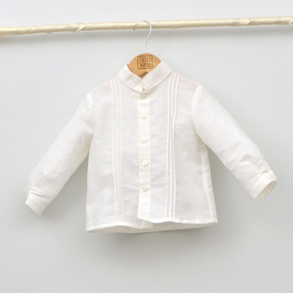 traje conjunto Bautizo ceremonia niños bebe meses lino en arena de Amaya, hecho en españa, pantalon arena