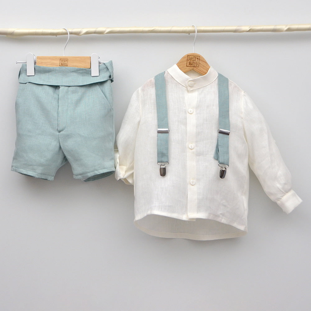 Conjunto lino Beatriz con camisa cuello Mao, tirantes y pantalón con Fajín