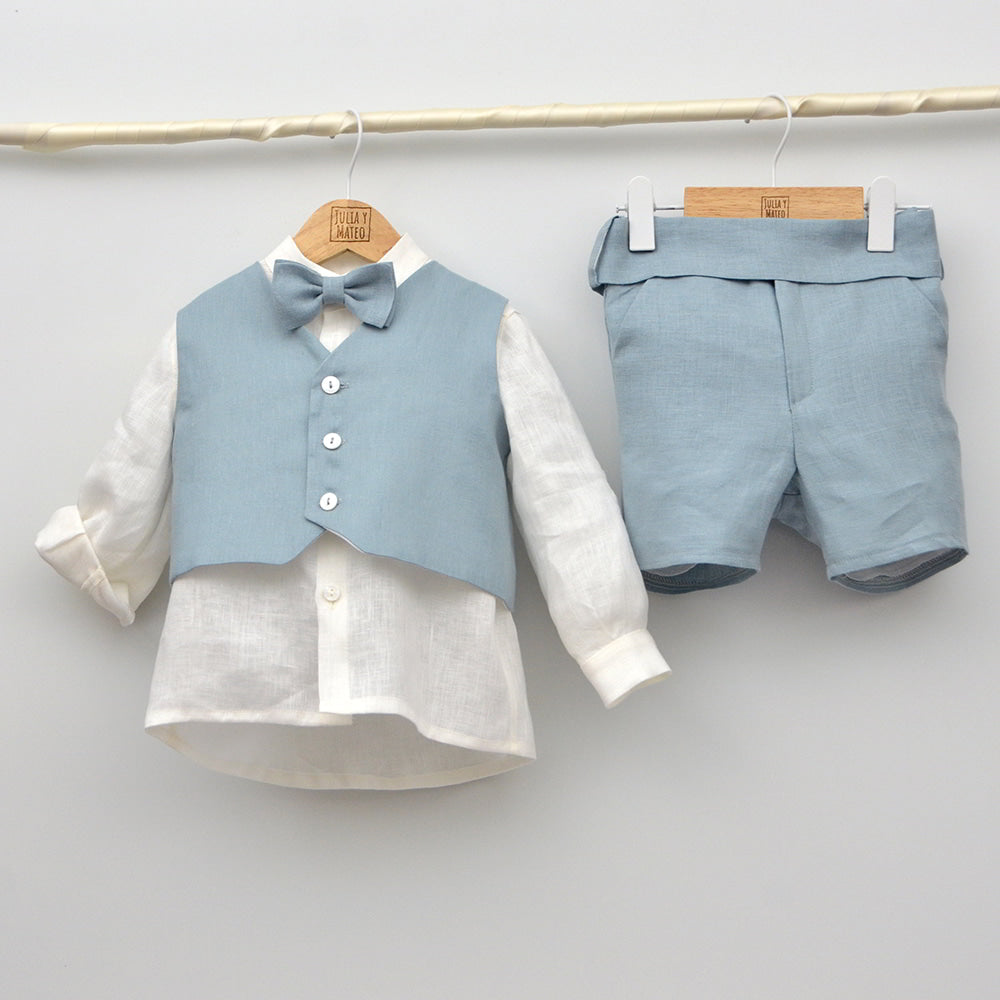 Conjuntos trajes ceremonia arras bautizo niños bebes lino chaleco pajarita azul Mayoral Amaya