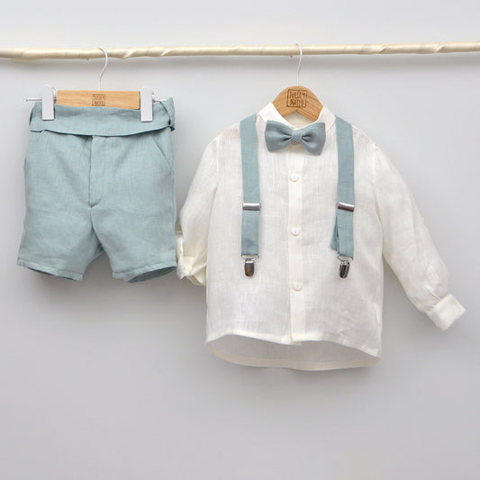 conjuntos bautizo arras ceremonia niños hermanos conjuntados en bodas lino verde agua pajarita tirantes