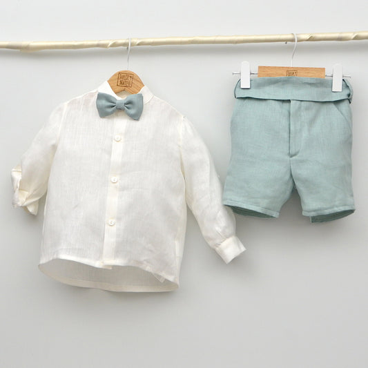 Conjunto Bautizo ceremonia arras niño con pajarita y pantalon con fajin en verde empolvado Amaya lino hecho en españa Comprar Online ropa infantil bodas