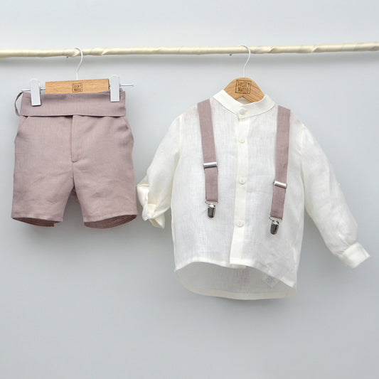conjuntos ceremonia arras niños lino pantalon fajin tirantes color rosa malva hermanos conjuntados en cortejo de bodas tallas 1,2,3,4,5,6,7 y 8 años tienda online