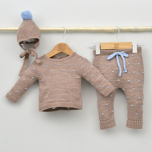 Conjunto bebés punto Tajo con jersey, pantalón y capota con pompón