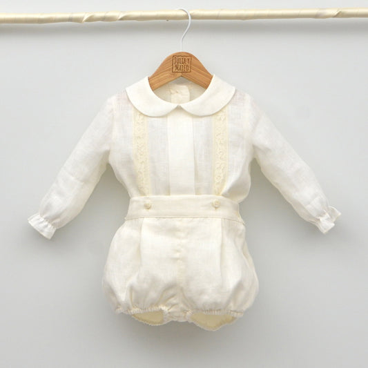 conjunto Bautizo niño balnco crudo lino manga larga