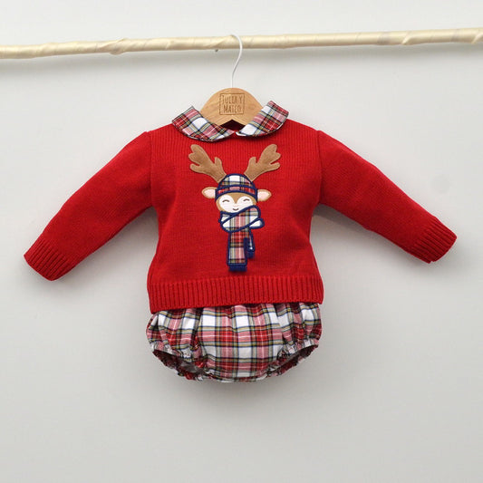 Conjunto vestir navidad niño bebes,6,9,12,18 meses rojo ranita cuadros navideños, reno, tienda Online fiestas trajes hermanos a juego españa