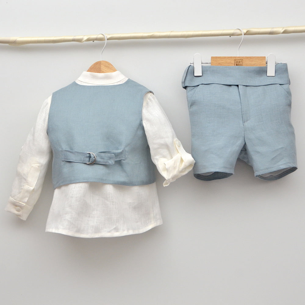 Conjuntos trajes ceremonia arras bautizo niños bebes lino chaleco pajarita azul Mayoral Amaya
