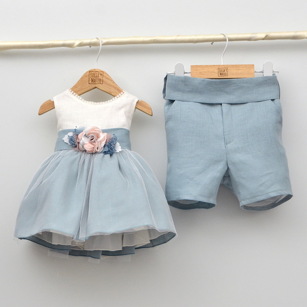 conjunto ceremonia niño lino azul 1,2,3,4,5,6,7,8 años, hermanos conjuntados bodas arras pantalon fajin Amaya