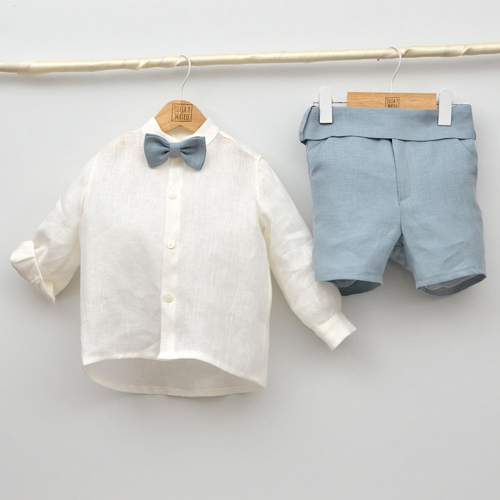 Conjuntos trajes ceremonia arras bautizo niños bebes lino chaleco pajarita azul Mayoral Amaya
