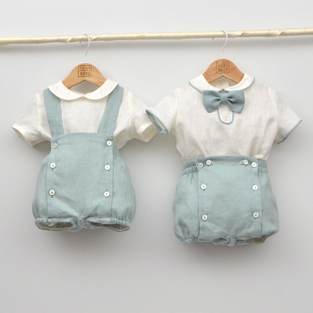 Conjunto Bautizo ceremonia arras niño con pajarita y pantalon con fajin en verde empolvado Amaya lino hecho en españa Comprar Online ropa infantil bodas