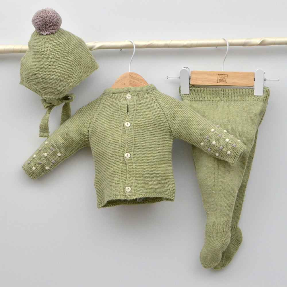 Conjunto bebés punto Tajo con jersey, polaina y gorrito con pompón