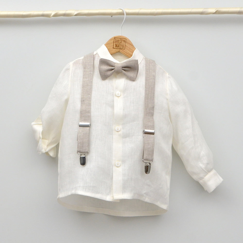 Conjunto lino Leo con camisa cuello Mao, pajarita, tirantes y pantalón con Fajín talla 10 años