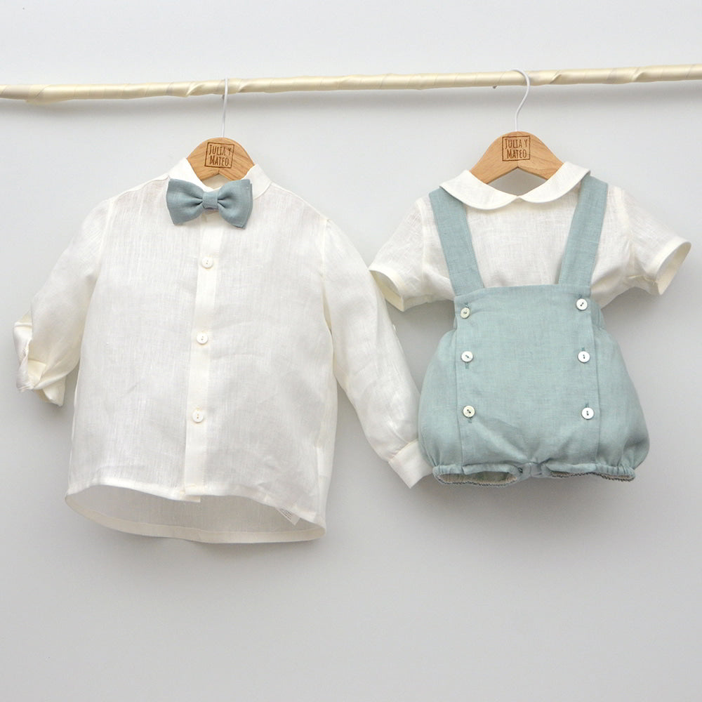 Conjunto Bautizo ceremonia arras niño con pajarita y pantalon con fajin en verde empolvado Amaya lino hecho en españa Comprar Online ropa infantil bodas