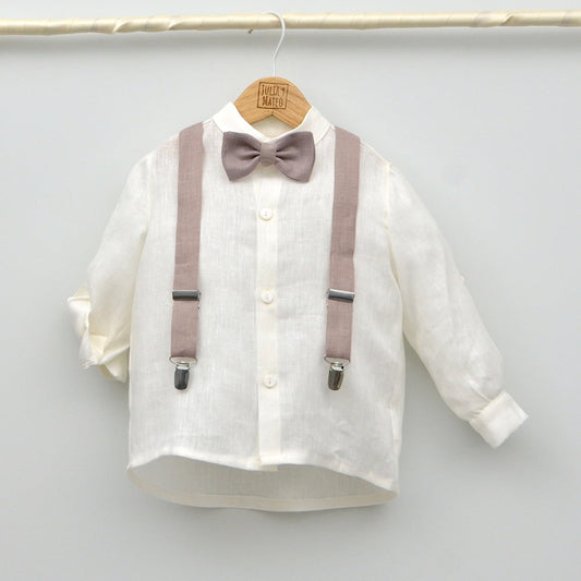 Conjunto lino Isabel con camisa cuello Mao, pajarita, tirantes y pantalón con Fajín talla 10 años