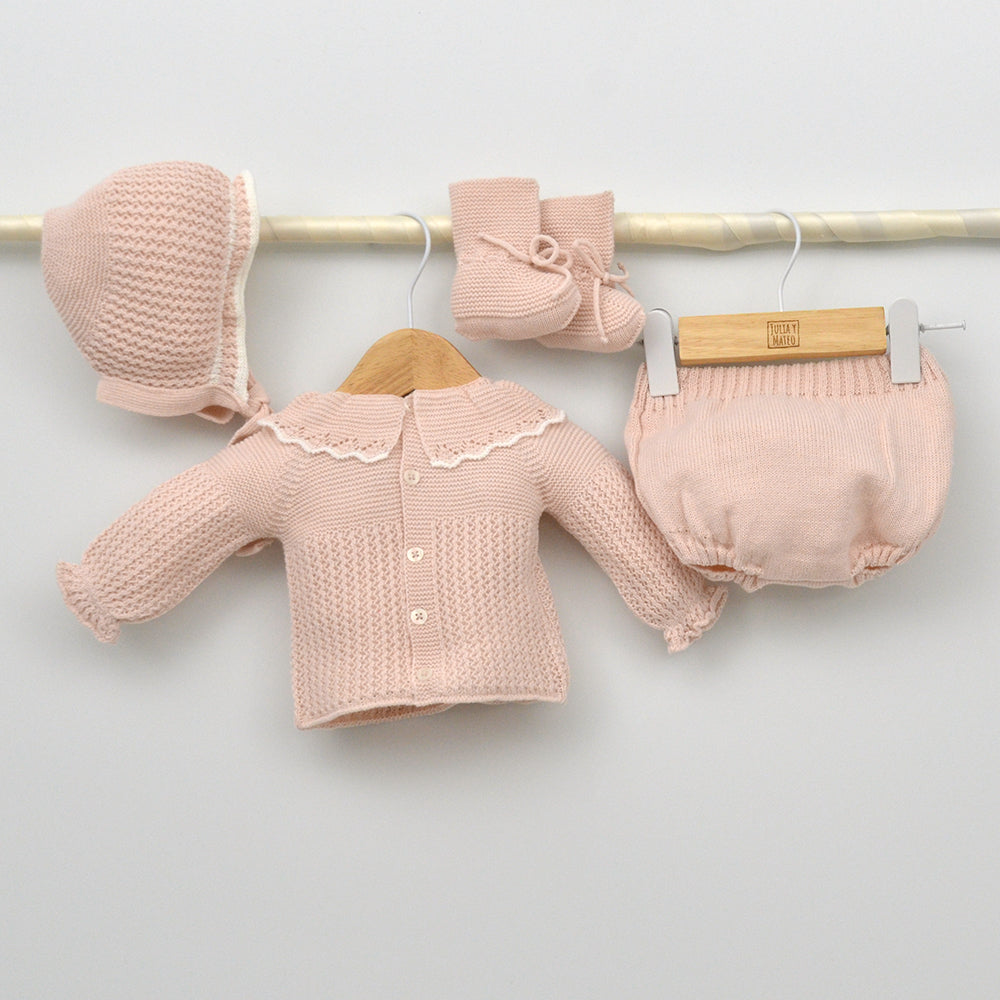 Conjunto bebés punto Duero con jersey, culotte, capota y patucos