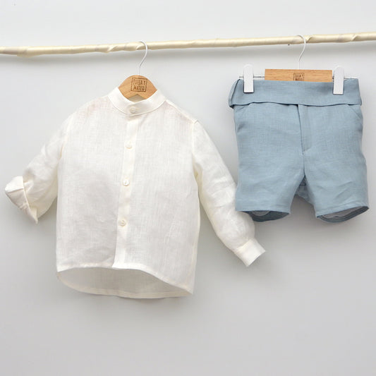 conjunto ceremonia niño lino azul 1,2,3,4,5,6,7,8 años, hermanos conjuntados bodas arras pantalon fajin Amaya