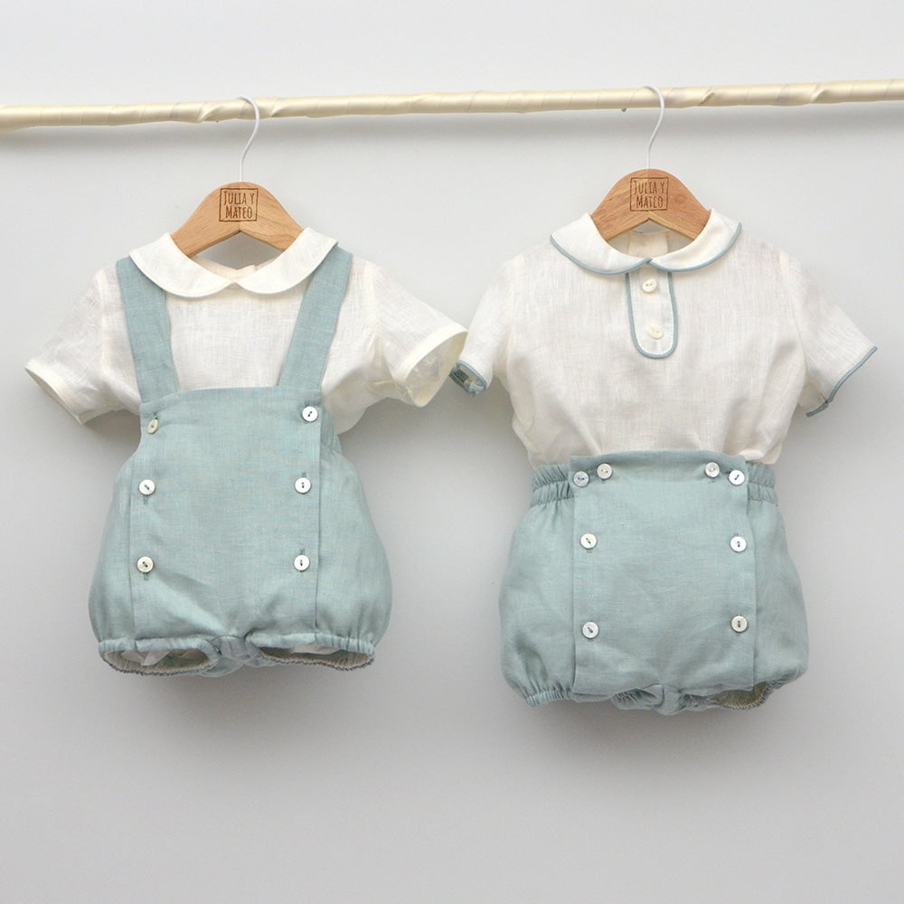 Conjunto lino Beatriz con camisa cuello Mao y pantalón con Fajín