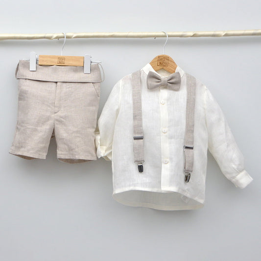 Conjunto lino Leo con camisa cuello Mao, pajarita, tirantes y pantalón con Fajín talla 10, 12 años años