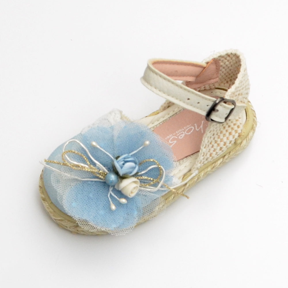 zapato ceremonia niña bodas arras comuniones esparteñas azul con adorno floral hecha en españa