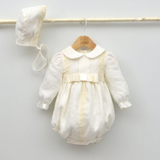traje conjunto peleles bautizo niños invierno manga larga crudo blanco lino elegante clasico hecho en españa a mano artesano