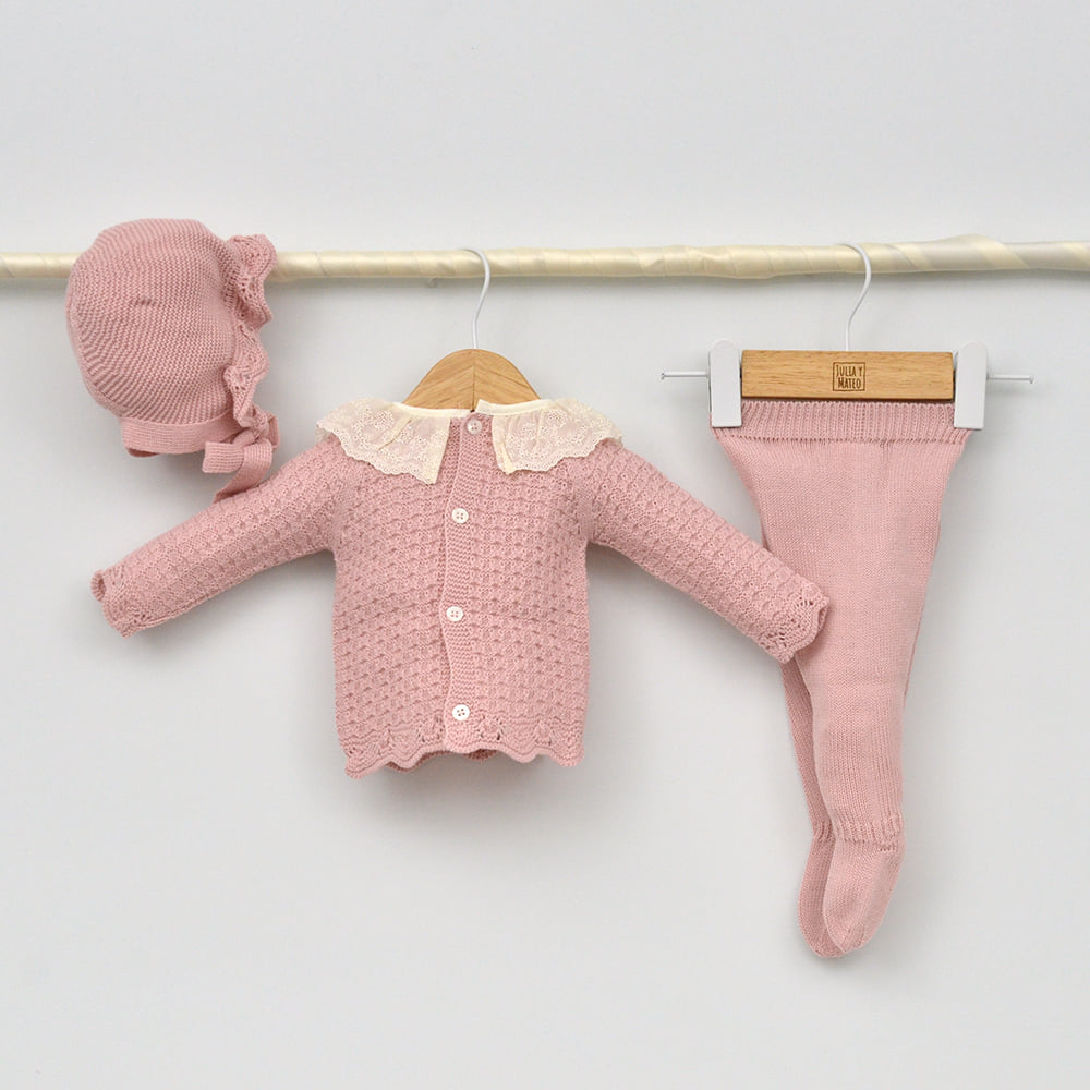 Conjunto bebés punto Alma con jersey, polaina y capota