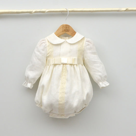 traje conjunto peleles bautizo niños invierno manga larga crudo blanco lino elegante clasico hecho en españa a mano artesano