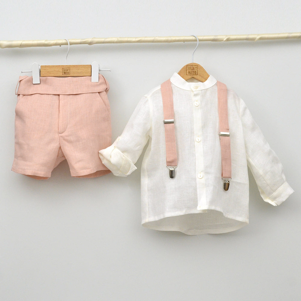 Conjunto lino Teresa con camisa cuello Mao, pajarita, tirantes y pantalón con Fajín