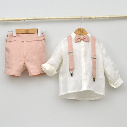 Conjunto lino Teresa con camisa cuello Mao, pajarita, tirantes y pantalón con Fajín