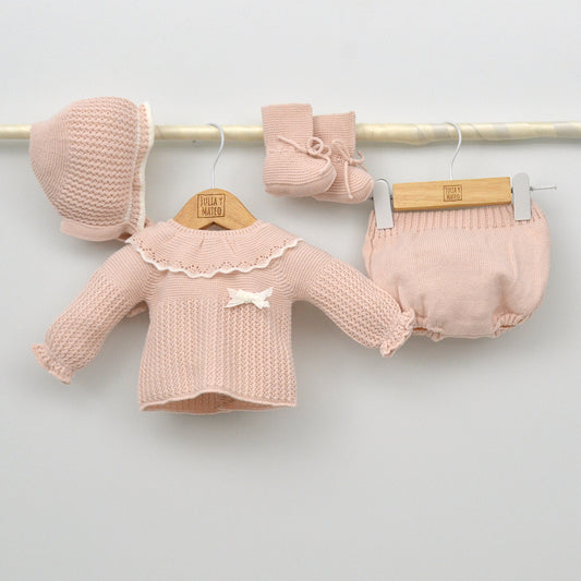 Conjunto bebés punto Duero con jersey, culotte, capota y patucos
