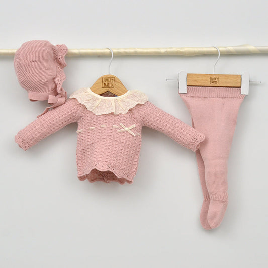 Conjunto bebés punto Alma con jersey, polaina y capota