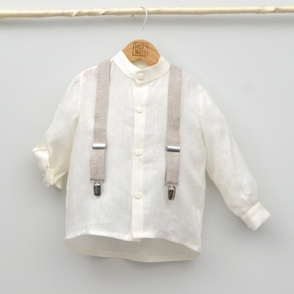 Conjunto lino Leo con camisa cuello Mao, pajarita, tirantes y pantalón con Fajín talla 10 años