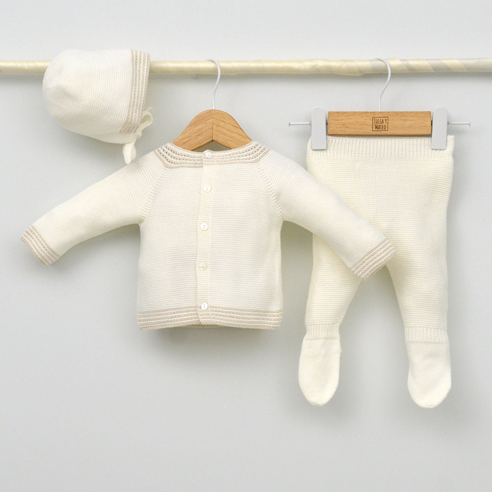 Conjunto bebés Sidney de punto con jubón, polaina y capota