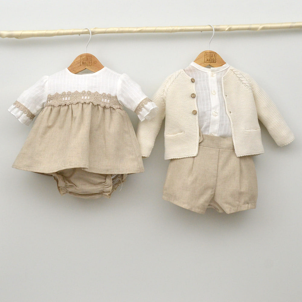 Traje vestir niños conjuntos eventos bebes 1,3,6,9,12 meses lino arena hermanos a juego, moda infantil a juego hecha en españa estilo clasico