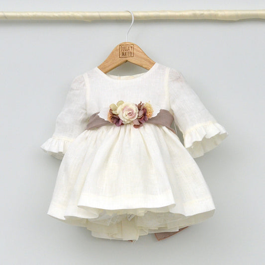 Vestido bebés lino Isabel con adorno floral
