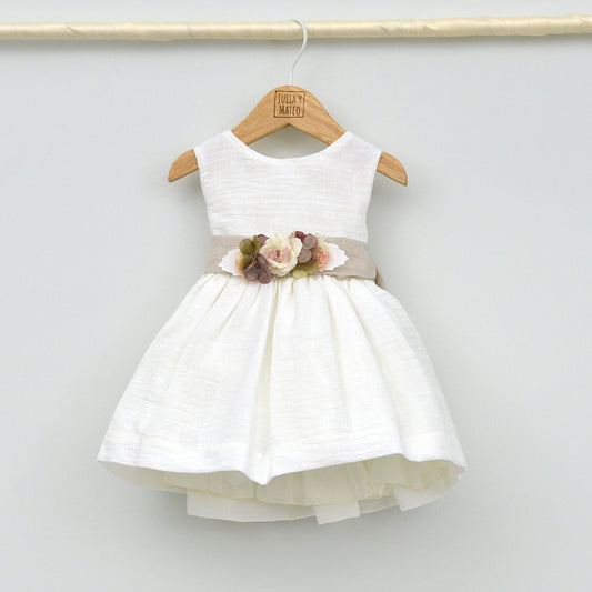vestido bautizo niña traje arras ceremonia bebes 3,4,6,9,12,14,15,18,20,24,meses , 1,2,3,años, estilo clasico hecho en españa, adorno floral, fajin lino en arena, moderno, elegante