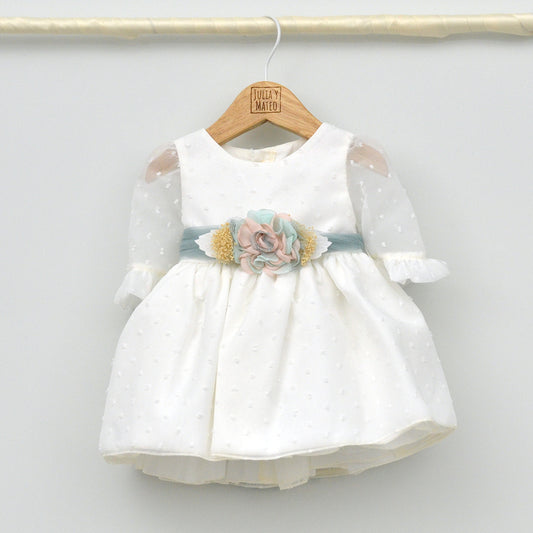 Vestido Tul niña María con manga francesa y adorno floral