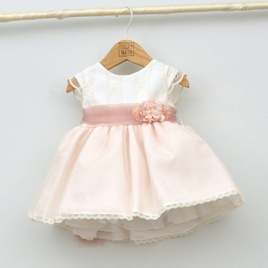 Vestido ceremonia niñas, arras, bodas rosa , fajin adorno floral, traje pajes hermanos iguales, primavera, verano, 3,6,9.12,18,24,36 meses, hecho en españa tienda online ropa vestir bebes