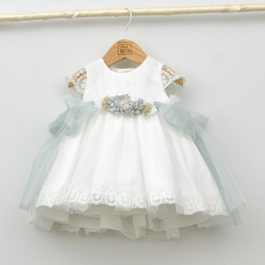 vestido ceremonia niña fajin adorno floral traje bautizo arras bodas bebes 3,6,9,12,18,24,30,36,meses tienda online ropa vestir eventos infantil amaya mayoral abel y lula hecho en españa flor verde lazo verde