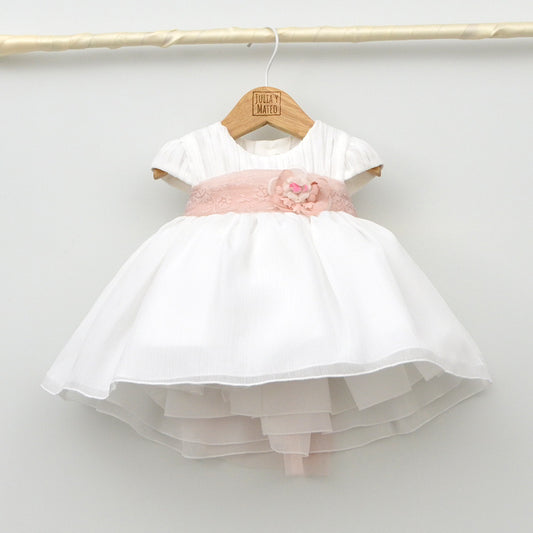traje vestido Bautizo niña ceremonia lazo rosa Amaya flor fajin tienda Online ropa eventos bautizos niña hecha en españa