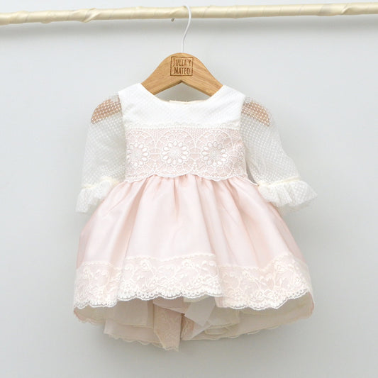 vestido ceremonia bautizo niña rosa con manga lazo fajin rosa españa elegante clasico